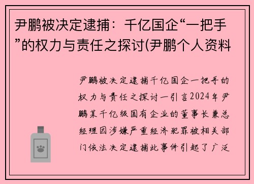 尹鹏被决定逮捕：千亿国企“一把手”的权力与责任之探讨(尹鹏个人资料)