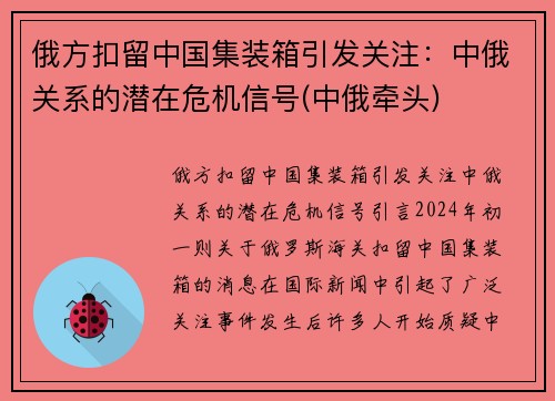 俄方扣留中国集装箱引发关注：中俄关系的潜在危机信号(中俄牵头)