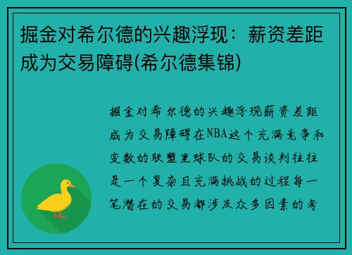 掘金对希尔德的兴趣浮现：薪资差距成为交易障碍(希尔德集锦)