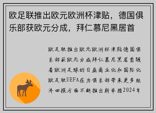 欧足联推出欧元欧洲杯津贴，德国俱乐部获欧元分成，拜仁慕尼黑居首