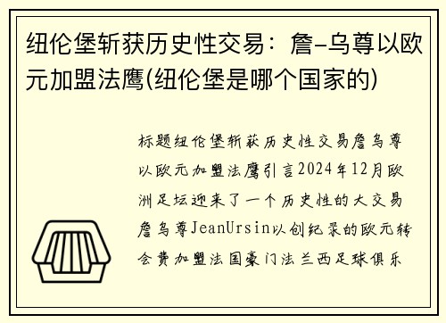 纽伦堡斩获历史性交易：詹-乌尊以欧元加盟法鹰(纽伦堡是哪个国家的)