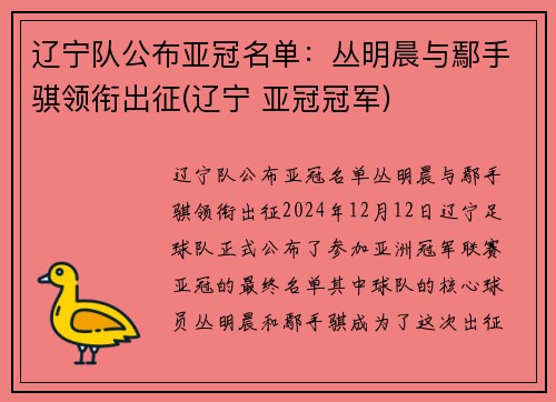 辽宁队公布亚冠名单：丛明晨与鄢手骐领衔出征(辽宁 亚冠冠军)