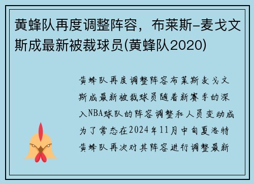 黄蜂队再度调整阵容，布莱斯-麦戈文斯成最新被裁球员(黄蜂队2020)