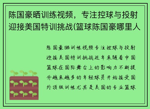 陈国豪晒训练视频，专注控球与投射迎接美国特训挑战(篮球陈国豪哪里人)